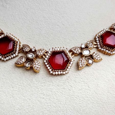 Handmade Brass Metal Jewellery Ruby Hexagon Necklace Set